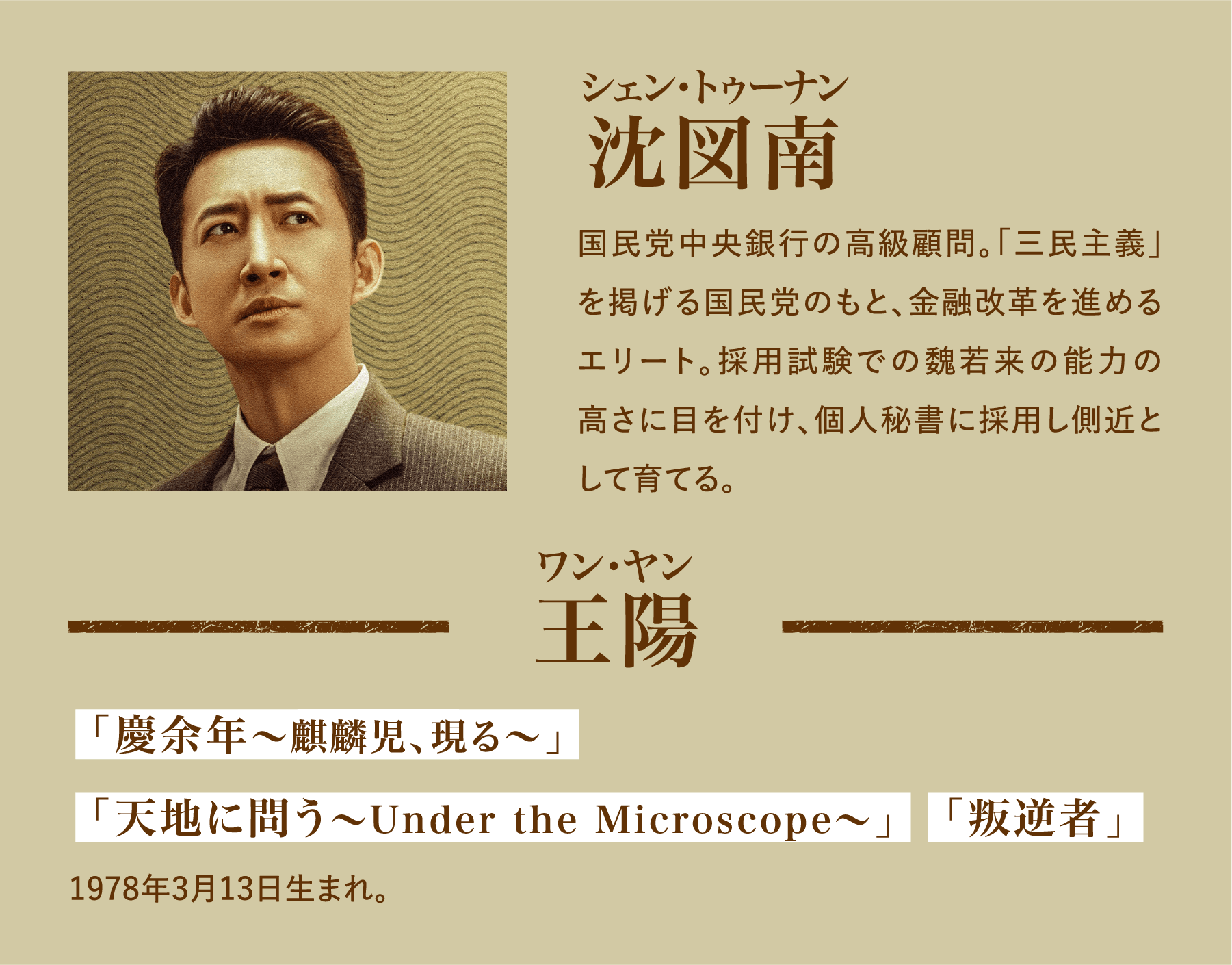 沈図南（シェン・トゥーナン）国民党中央銀行の高級顧問。「三民主義」を掲げる国民党のもと、金融改革を進めるエリート。採用試験での魏若来の能力の高さに目を付け、個人秘書に採用し側近として育てる。／王陽（ワン･ヤン）「慶余年～麒麟児、現る～」「天地に問う～Under the Microscope～」　「叛逆者」1978年3月13日生 | 追風者～金融界の夜明けへ～｜衛星劇場