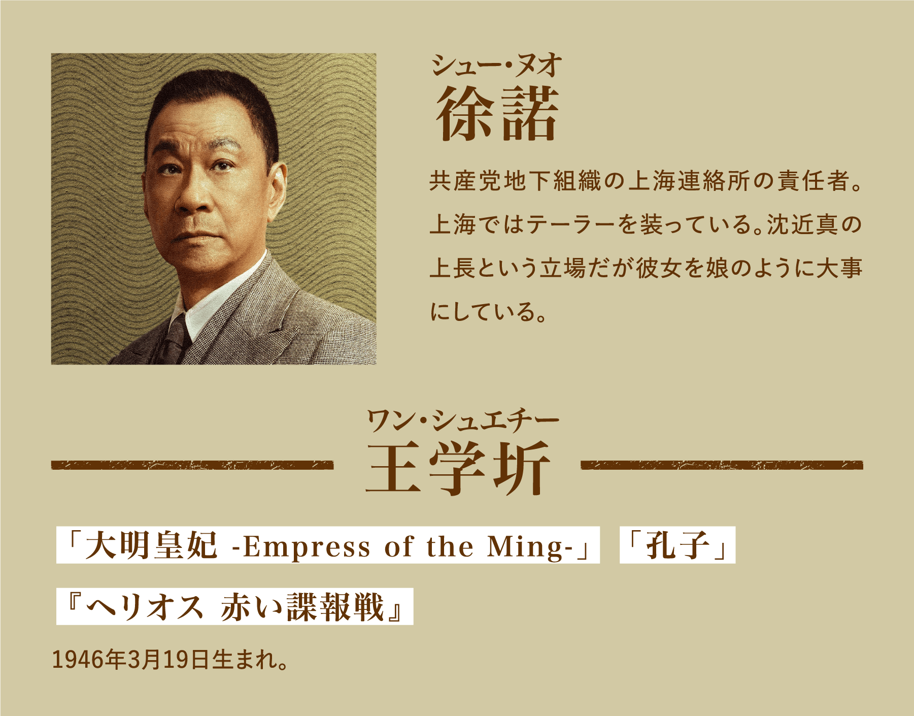 徐諾（シュー・ヌオ）共産党地下組織の上海連絡所の責任者。上海ではテーラーを装っている。沈近真の上長という立場だが彼女を娘のように大事にしている。／王学圻（ワン・シュエチー）「大明皇妃 -Empress of the Ming-」　「孔子」『ヘリオス 赤い諜報戦』1946年3月19日生まれ。 | 追風者～金融界の夜明けへ～｜衛星劇場