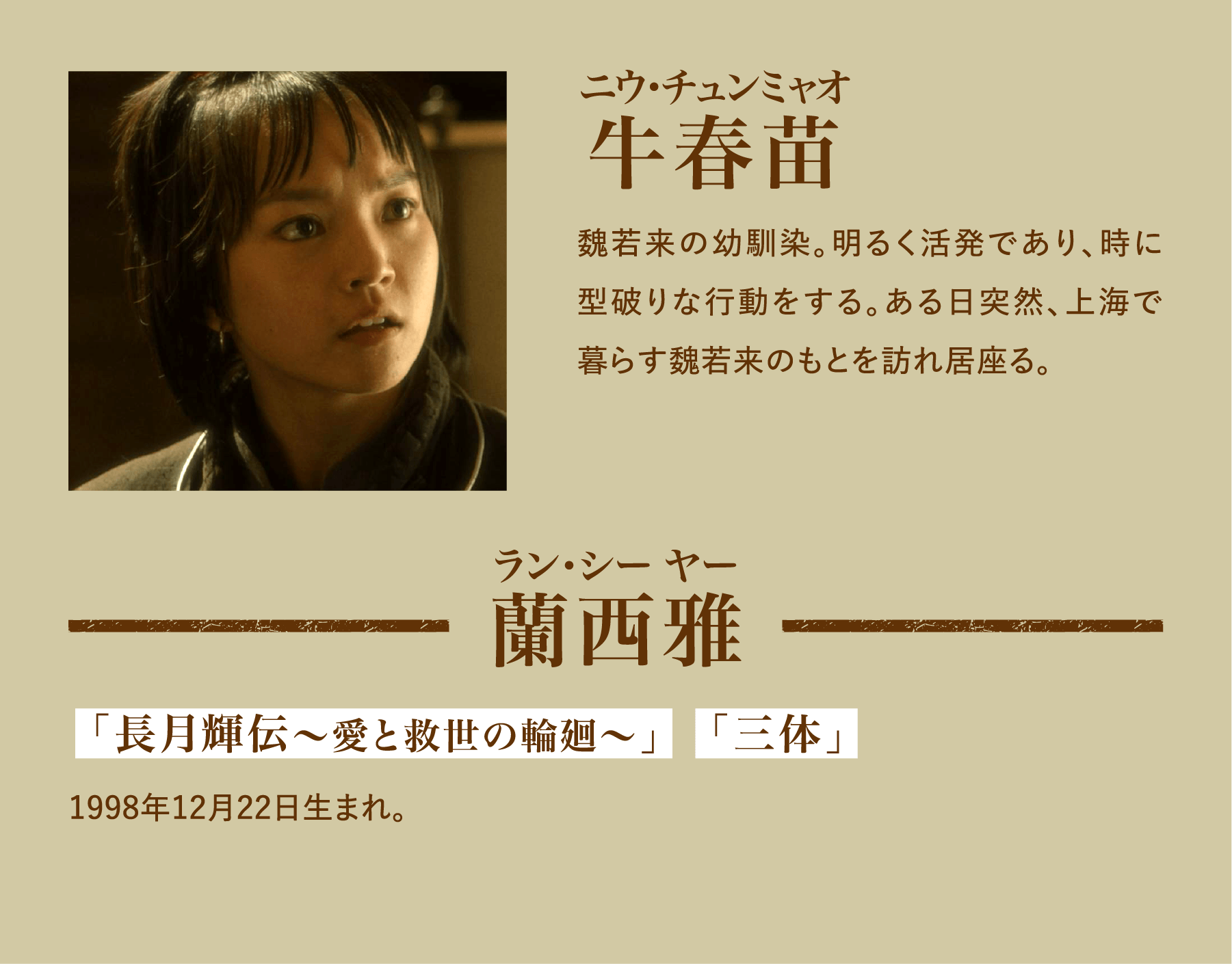 牛春苗（ニウ･チュンミャオ）魏若来の幼馴染。明るく活発であり、時に型破りな行動をする。ある日突然、上海で暮らす魏若来のもとを訪れ居座る。／蘭西雅（ラン・シー ヤー）「長月輝伝～愛と救世の輪廻～」　「三体」1998年12月22日生まれ。 | 追風者～金融界の夜明けへ～｜衛星劇場