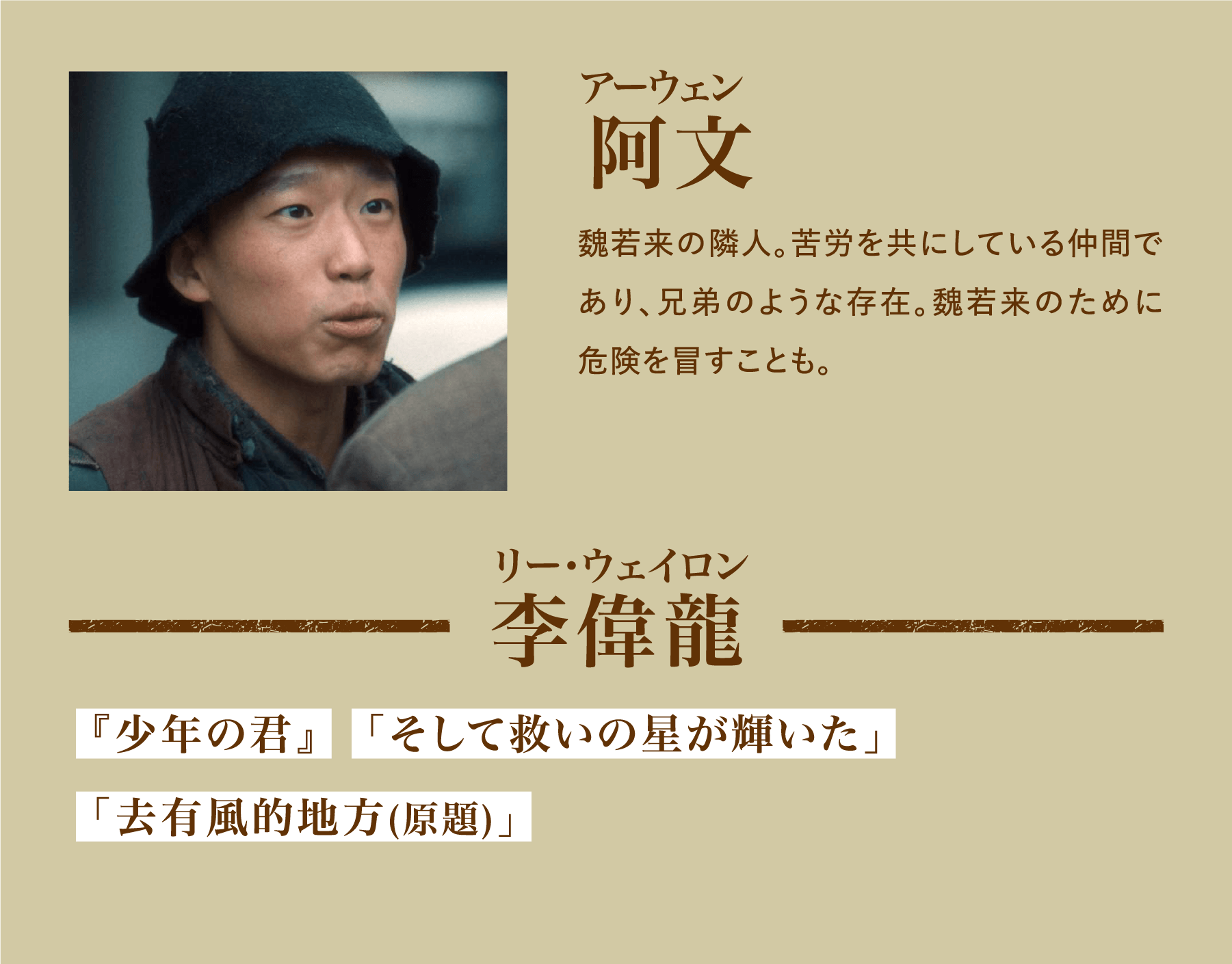 阿文（アーウェン）魏若来の隣人。苦労を共にしている仲間であり、兄弟のような存在。魏若来のために危険を冒すことも。／李偉龍（リー･ウェイロン）『少年の君』　「そして救いの星が輝いた」「去有風的地方(原題)」 | 追風者～金融界の夜明けへ～｜衛星劇場