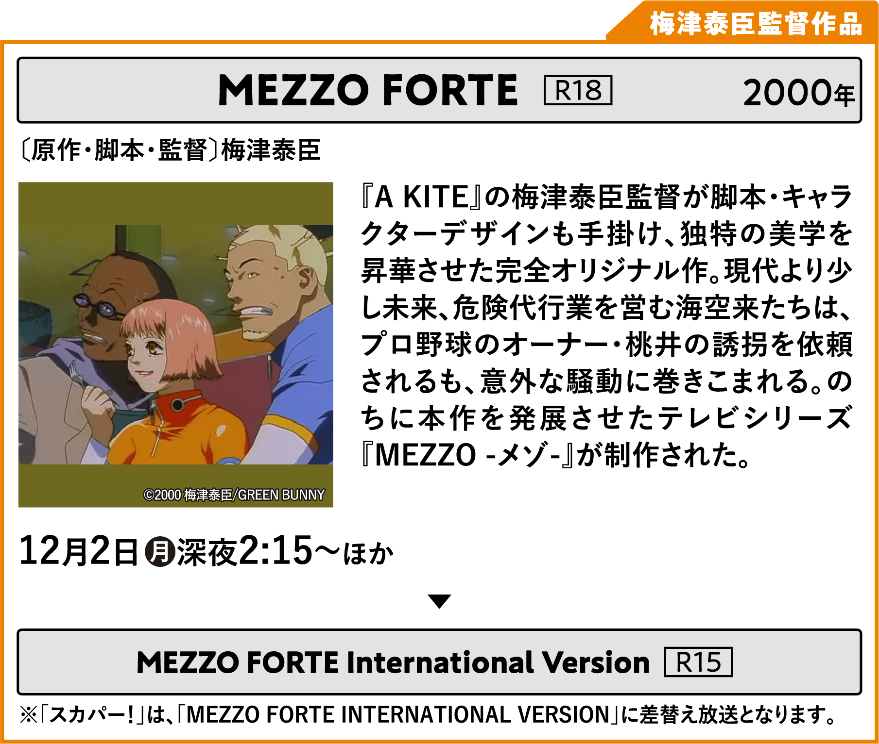 MEZZO FORTE 〔原作・脚本・監督〕梅津泰臣 『A KITE』の梅津泰臣監督が脚本・キャラクターデザインも手掛け、独特の美学を昇華させた完全オリジナル作。現代より少し未来、危険代行業を営む海空来たちは、プロ野球のオーナー・桃井の誘拐を依頼されるも、意外な騒動に巻きこまれる。のちに本作を発展させたテレビシリーズ『MEZZO -メゾ-』が制作された。 | 「VHSを巻き戻せ！俺たちのOVA特集 Vol.6 」特設サイト ｜衛星劇場