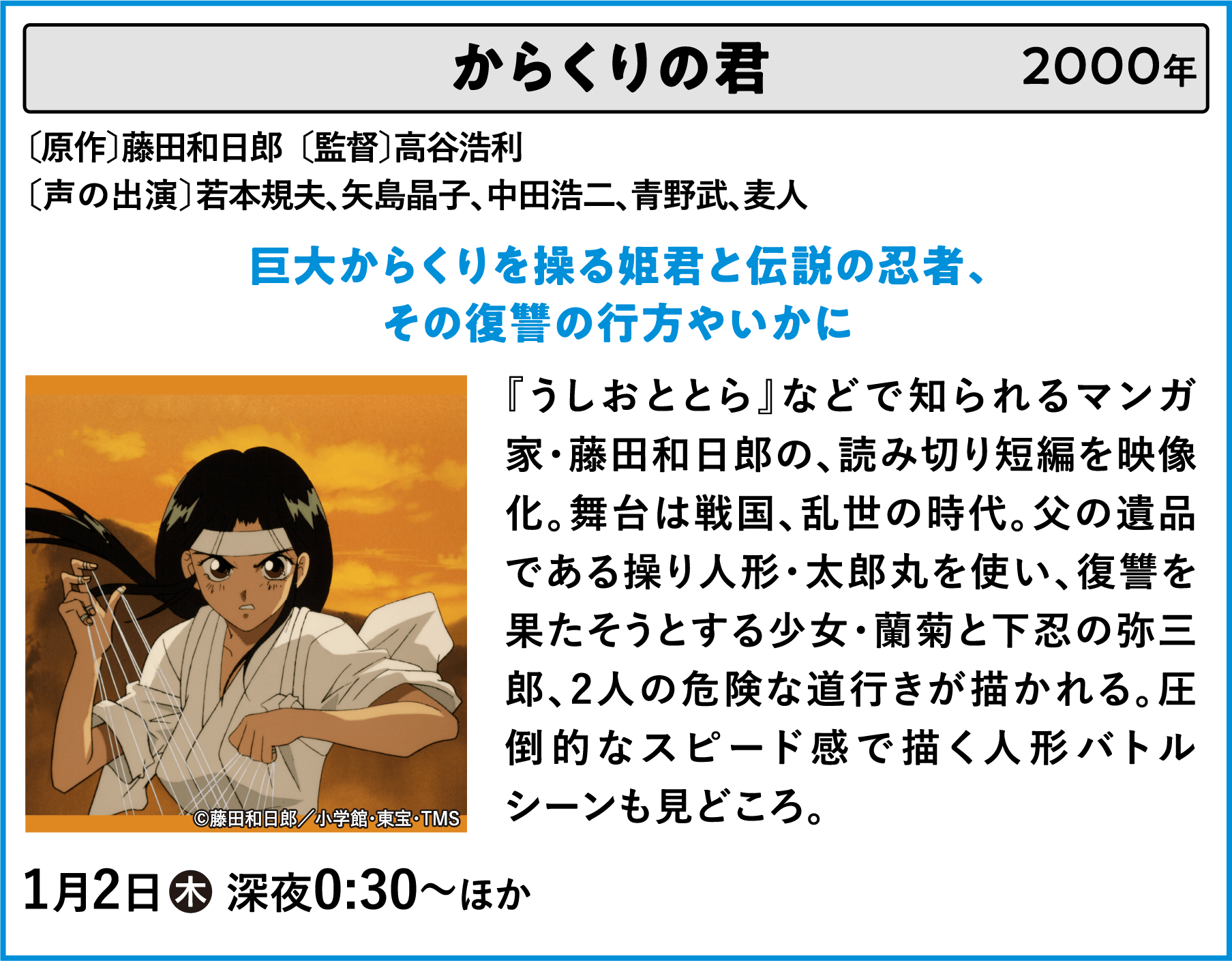 からくりの君 〔原作〕藤田和日郎　〔監督〕高谷浩利〔声の出演〕若本規夫、矢島晶子、中田浩二、青野武、麦人〔原作・監督・脚本〕士郎正宗 『うしおととら』などで知られるマンガ家・藤田和日郎の、読み切り短編を映像化。舞台は戦国、乱世の時代。父の遺品である操り人形・太郎丸を使い、復讐を果たそうとする少女・蘭菊と下忍の弥三郎、2人の危険な道行きが描かれる。圧倒的なスピード感で描く人形バトルシーンも見どころ。 | 「VHSを巻き戻せ！俺たちのOVA特集 Vol.6 」特設サイト ｜衛星劇場