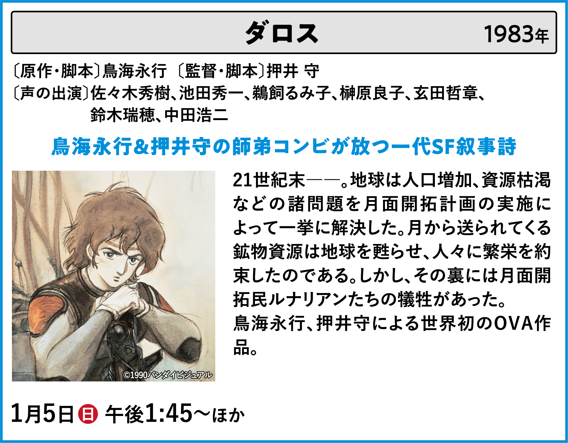 ダロス 〔原作・脚本〕鳥海永行〔監督・脚本〕押井 守 〔声の出演〕佐々木秀樹、池田秀一、鵜飼るみ子、榊原良子、玄田哲章、	鈴木瑞穂、中田浩二 21世紀末――。地球は人口増加、資源枯渇などの諸問題を月面開拓計画の実施によって一挙に解決した。月から送られてくる鉱物資源は地球を甦らせ、人々に繁栄を約束したのである。しかし、その裏には月面開拓民ルナリアンたちの犠牲があった。鳥海永行、押井守による世界初のOVA作品。 | 「VHSを巻き戻せ！俺たちのOVA特集 Vol.6 」特設サイト ｜衛星劇場